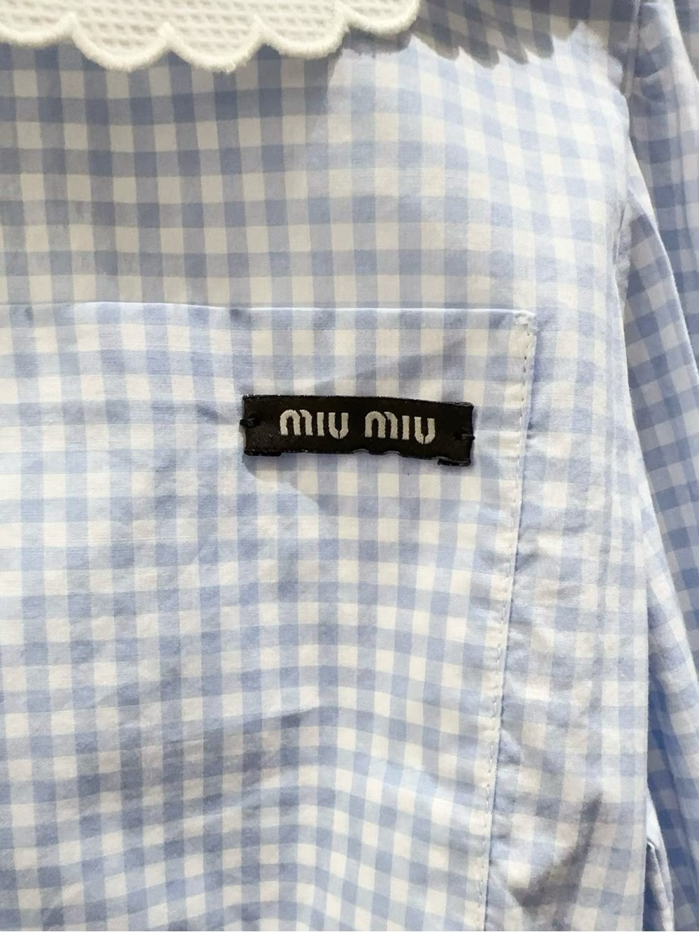 Miu Miu Light Blue Gingham Blouse with Scalloped White Peter Pan Collar - Picture 3 of 6